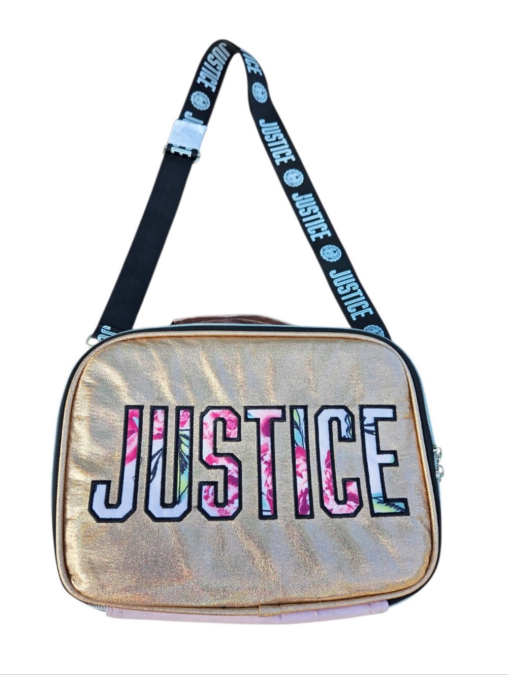 Justice Gold Metallic Shimmery Crossbody Lunch Box Tropic Floral-Patterned Logo